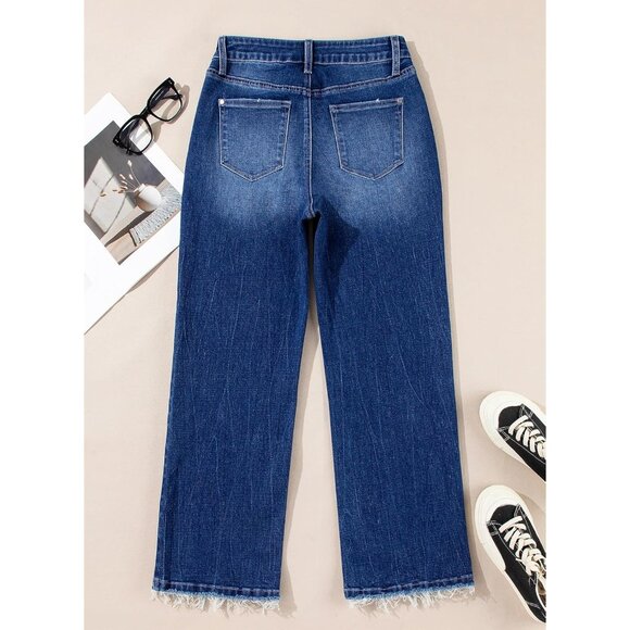 Womens High Waisted Flared Jeans Stretch Raw Hem Retro Wide Leg Pants - Picture 7 of 8